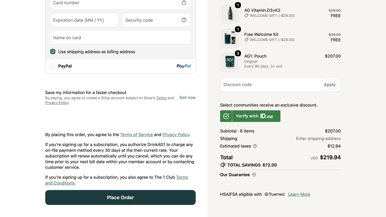 October 13 checkout capture: three AG1 pouches for $207 listed every 90 days, while the subscription agreement says every 30 days.